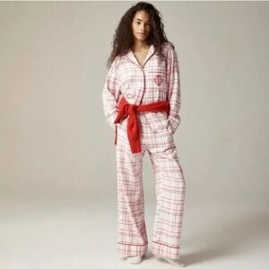 J Crew Red White Plaid Pajama Set Button Up Top Pants Monogrammed